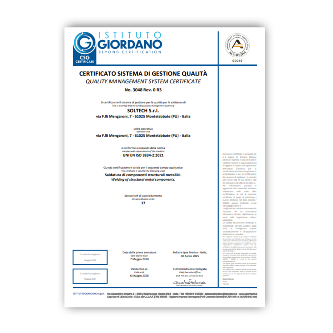 Certificato sistema di gestione qualit UNI EN ISO 3834